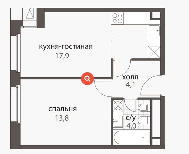 Продаётся 1-комнатная квартира, 39.8 м²