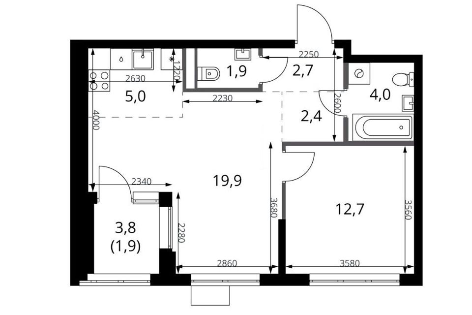 Продаётся 1-комнатная квартира, 50.5 м²