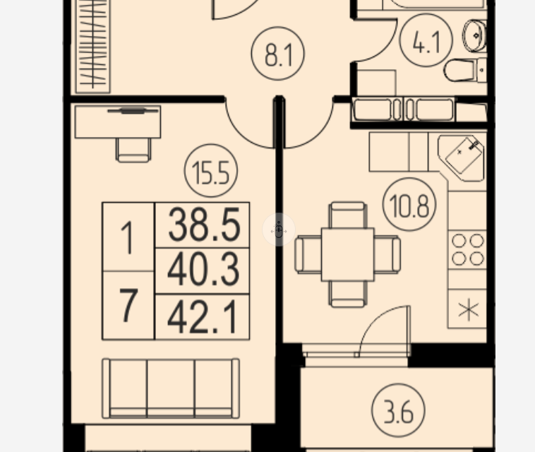 Продаётся 1-комнатная квартира, 42.1 м²