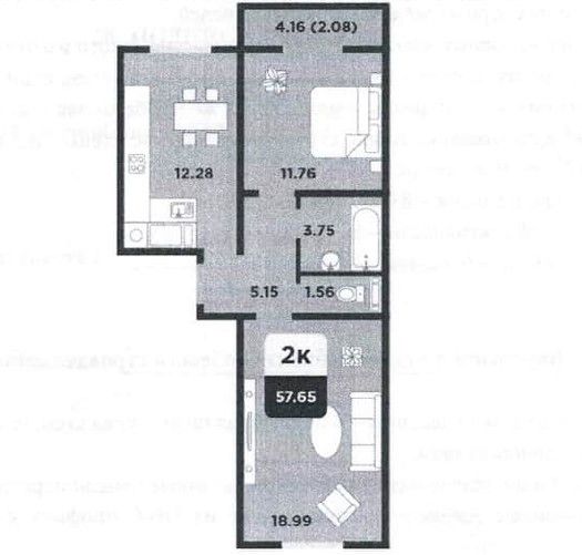 Продаётся 2-комнатная квартира, 53.6 м²
