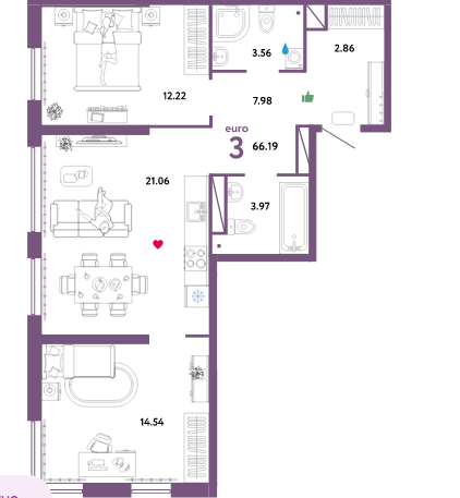 Продаётся 3-комнатная квартира, 66.19 м²
