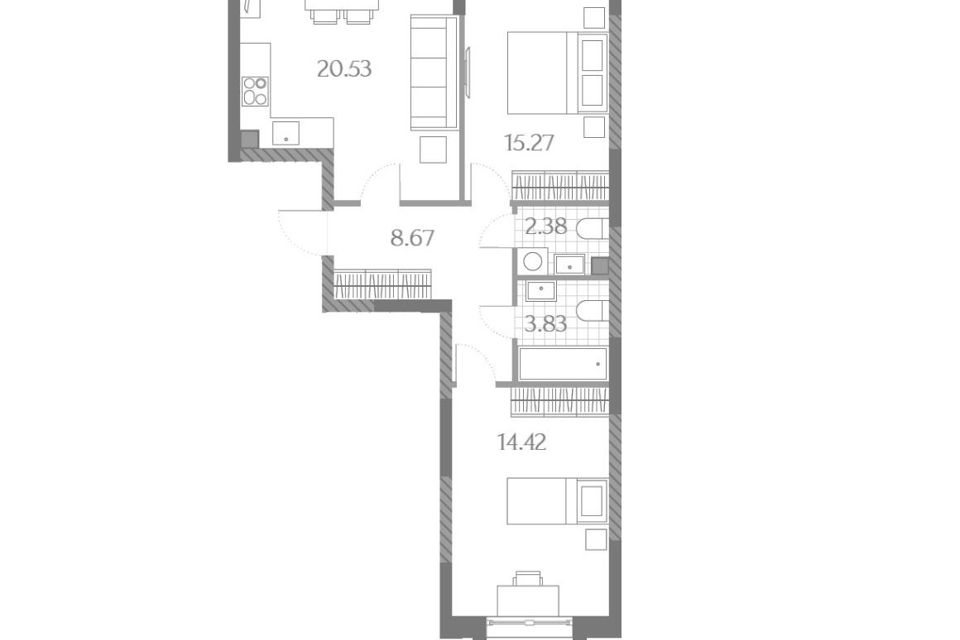 Продаётся 2-комнатная квартира, 65.1 м²