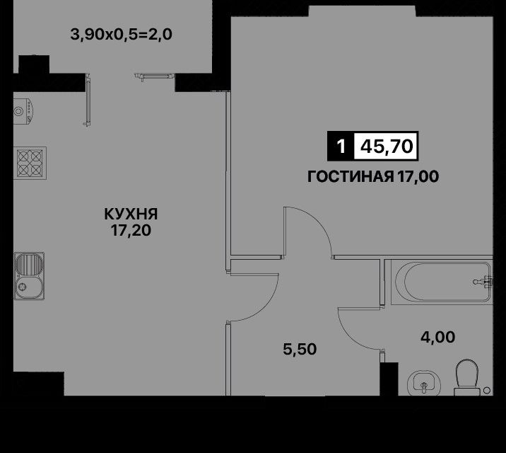 Продаётся 1-комнатная квартира, 46 м²