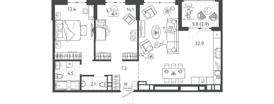 Продаётся 2-комнатная квартира, 74.2 м²