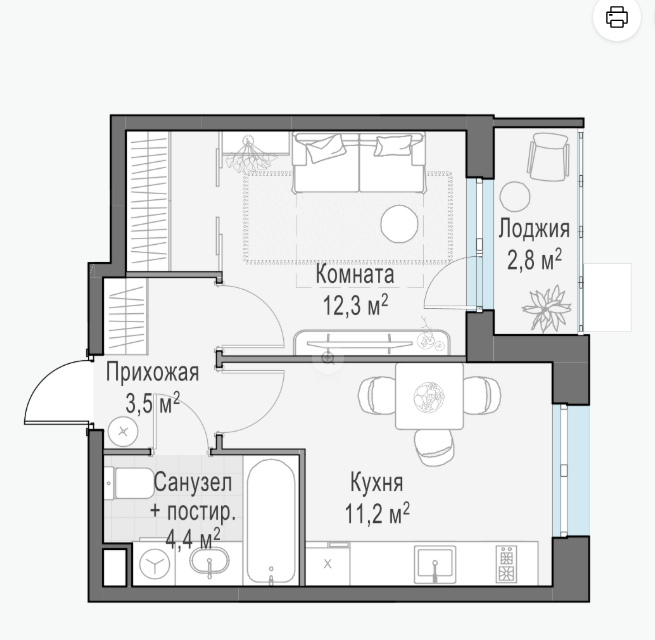 Продаётся 1-комнатная квартира, 32.8 м²
