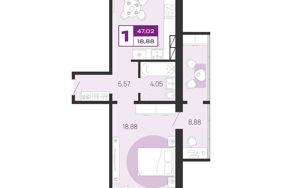 Продаётся 1-комнатная квартира, 47.02 м²