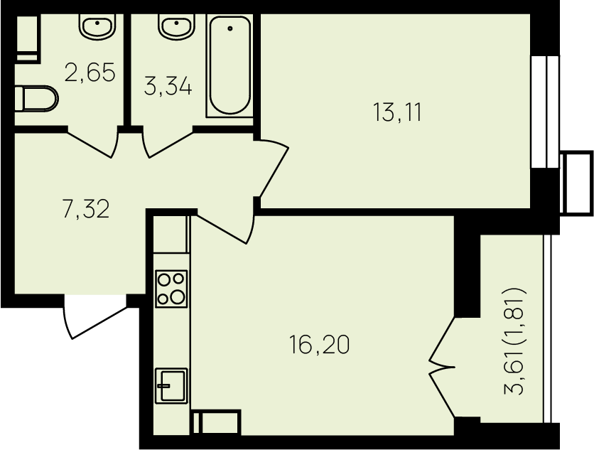 Продаётся 1-комнатная квартира, 42.9 м²