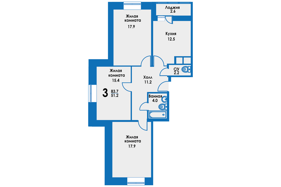 Продаётся 3-комнатная квартира, 83.2 м²