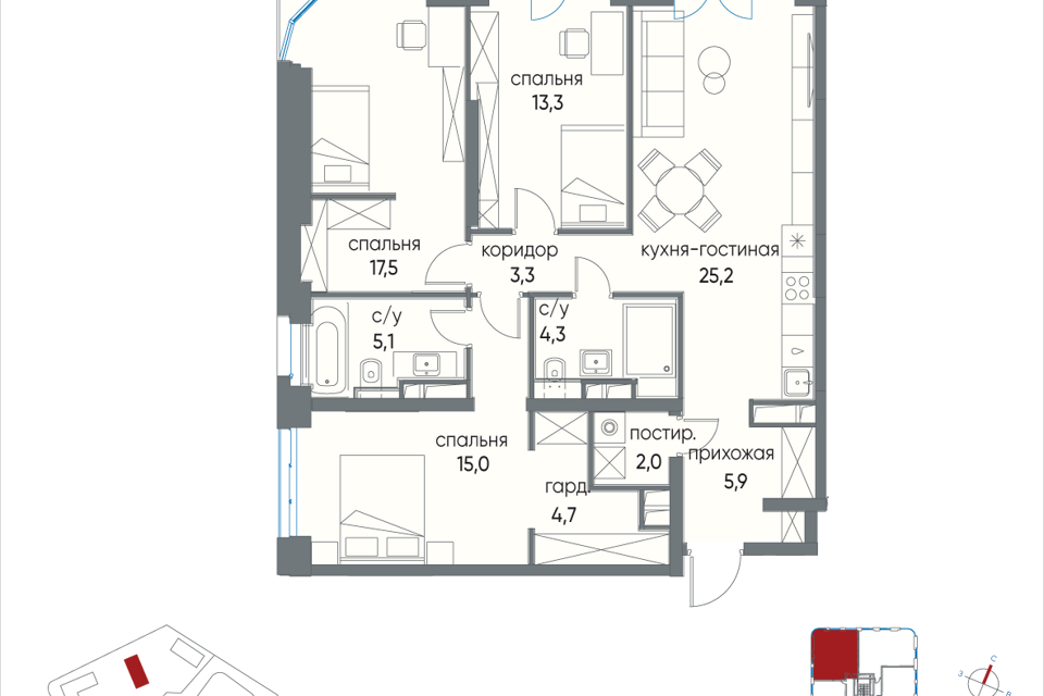 Продаётся 3-комнатная квартира, 113.3 м²