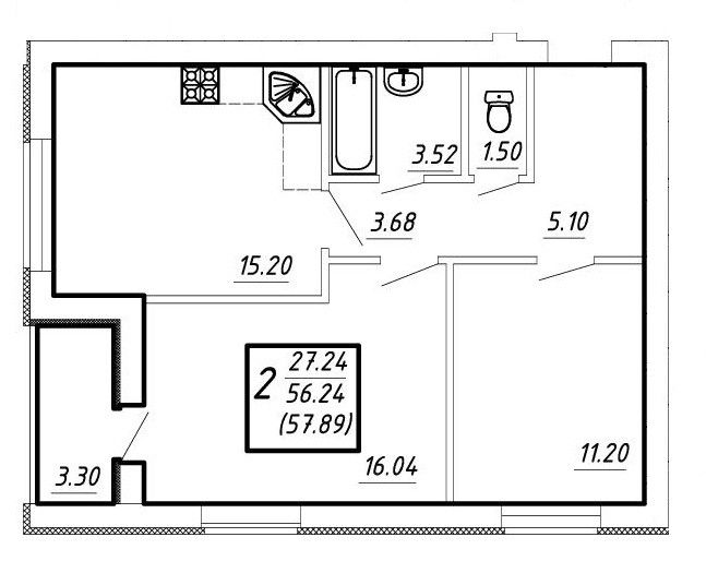Продаётся 2-комнатная квартира, 56.24 м²