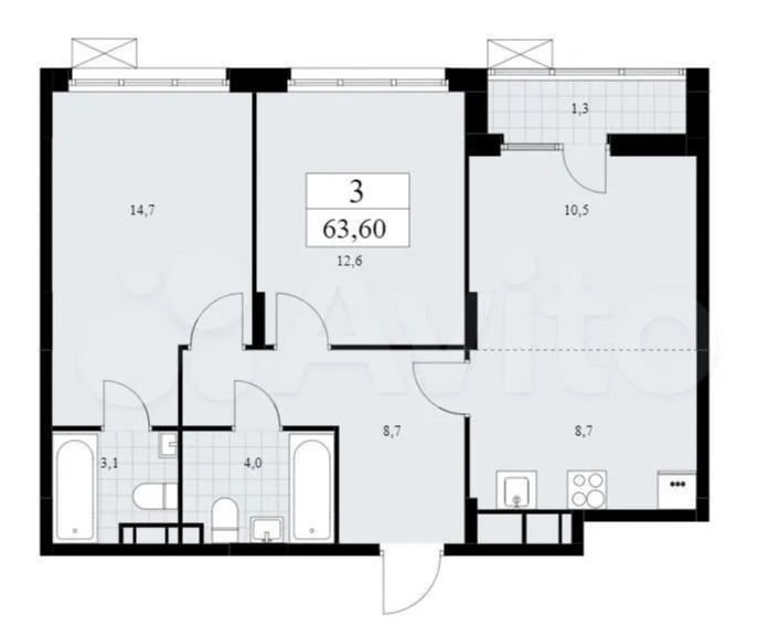 Продаётся 3-комнатная квартира, 63.6 м²