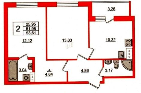 Продаётся 2-комнатная квартира, 51.1 м²