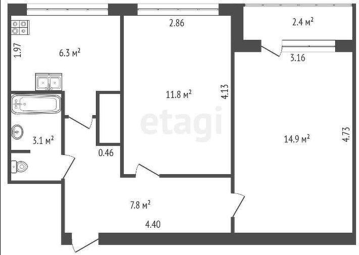 Продаётся 2-комнатная квартира, 43.9 м²