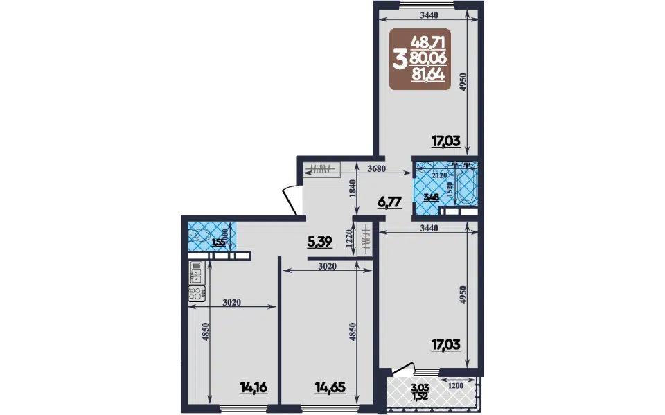 Продаётся 3-комнатная квартира, 81.6 м²