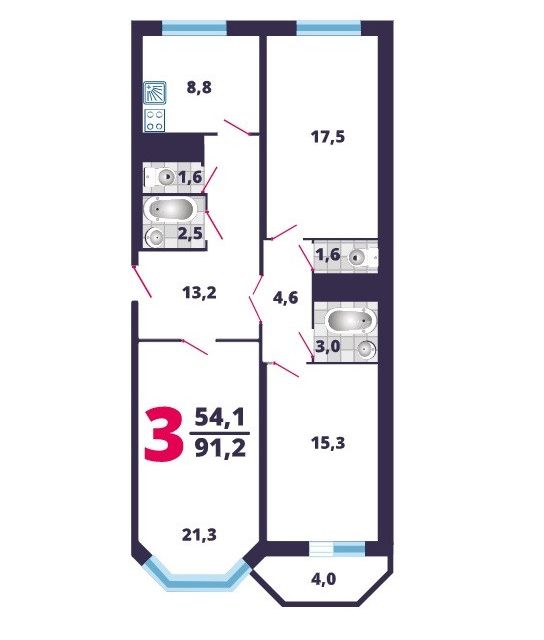 Продаётся 3-комнатная квартира, 89.4 м²