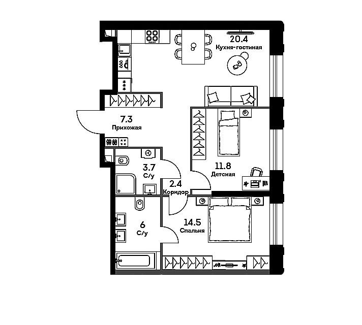 Продаётся 2-комнатная квартира, 66.11 м²