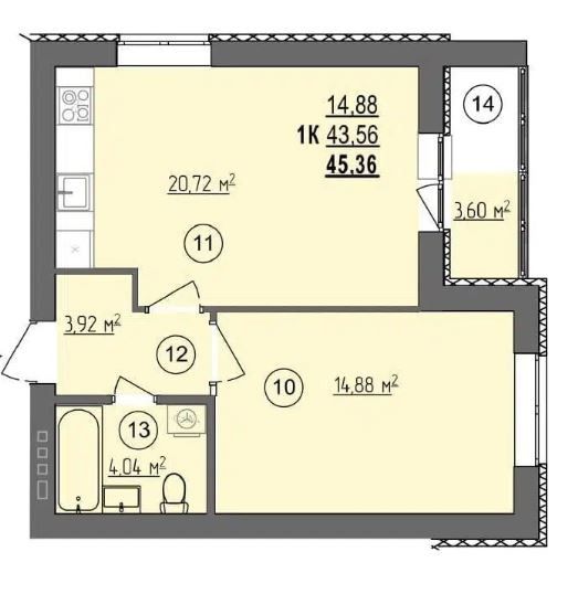 Продаётся 1-комнатная квартира, 45.4 м²
