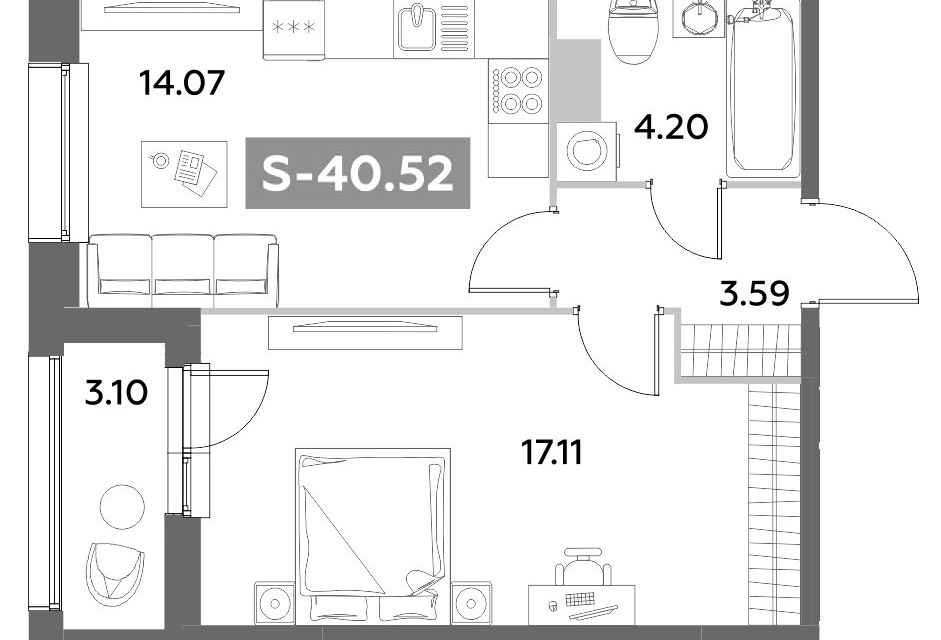 Продаётся 1-комнатная квартира, 40.52 м²