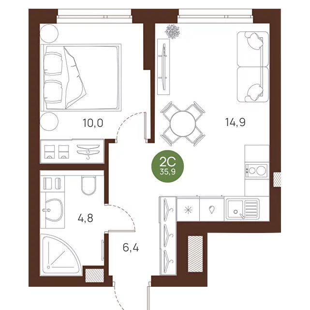 Продаётся 2-комнатная квартира, 35.9 м²