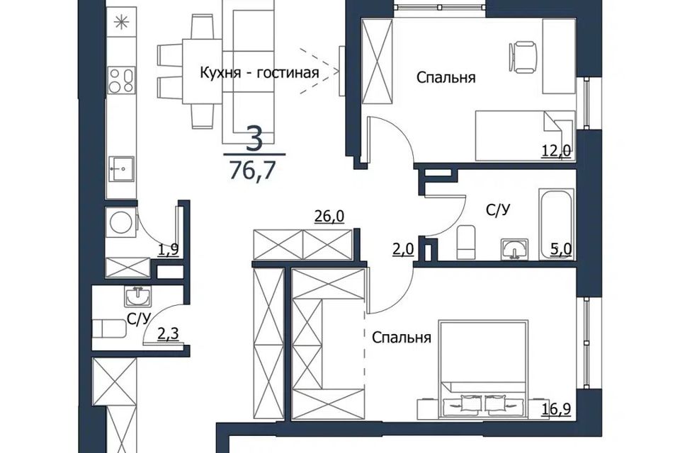 Продаётся 2-комнатная квартира, 76.7 м²