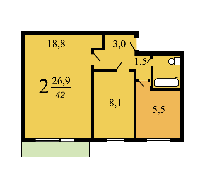 Продаётся 2-комнатная квартира, 42 м²