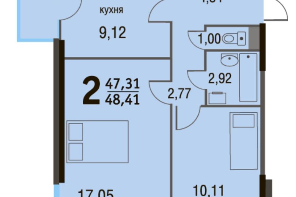 Продаётся 2-комнатная квартира, 48.41 м²