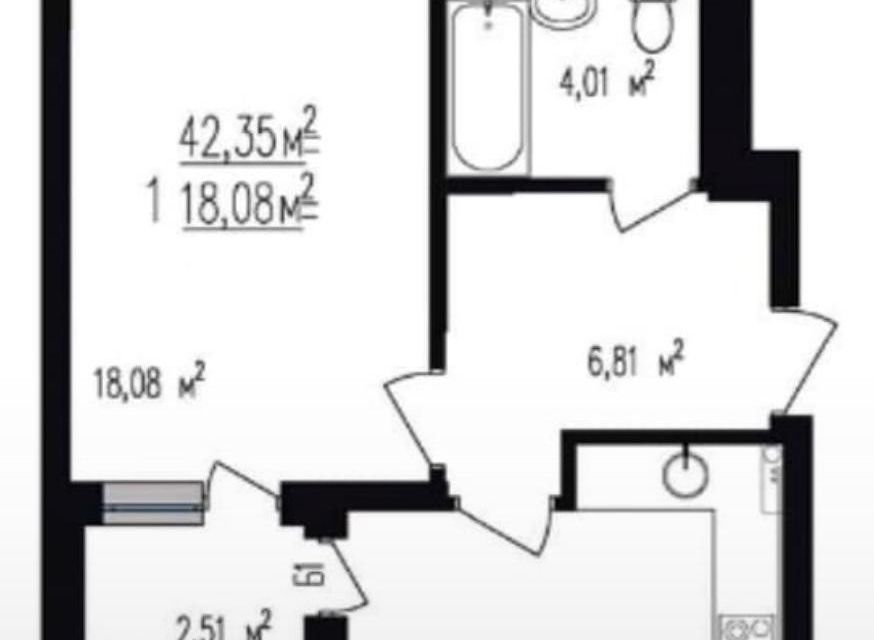Продаётся 1-комнатная квартира, 42 м²