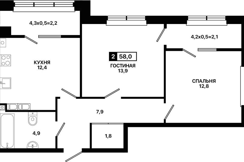 Продаётся 2-комнатная квартира, 58 м²