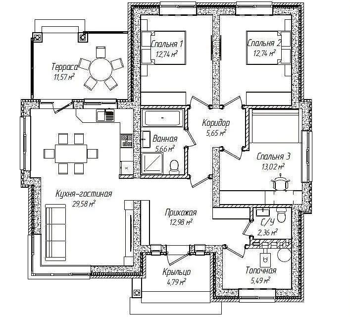 Продаётся 1-этажный дом, 124 м²
