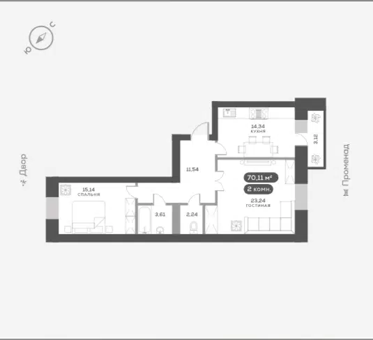 Продаётся 2-комнатная квартира, 70.1 м²