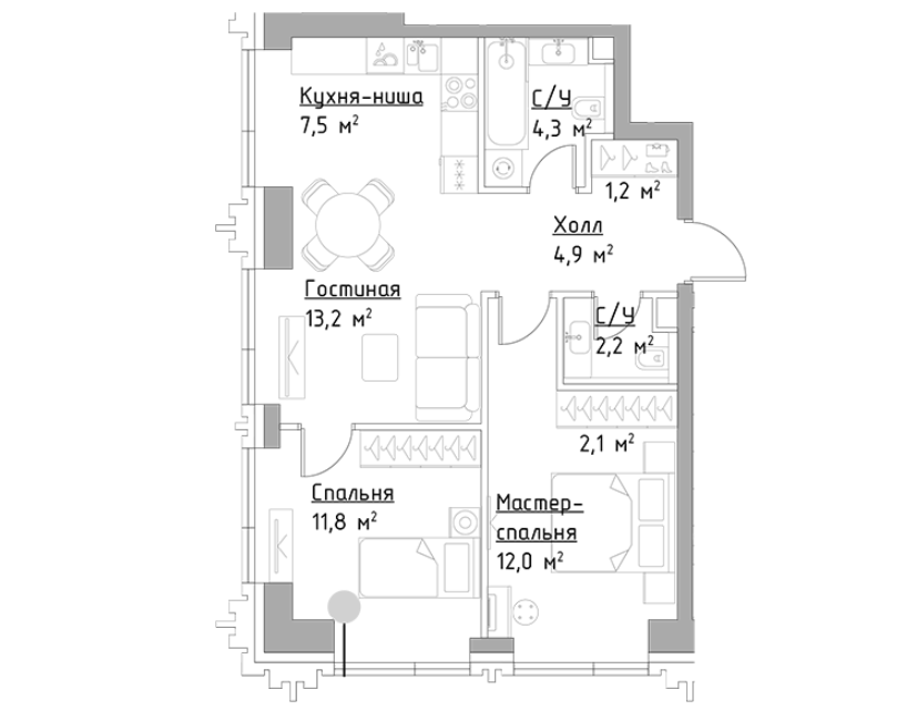 Продаётся 2-комнатная квартира, 59.2 м²