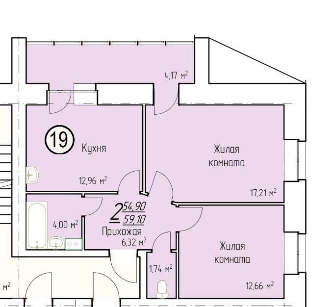 Продаётся 2-комнатная квартира, 59.1 м²