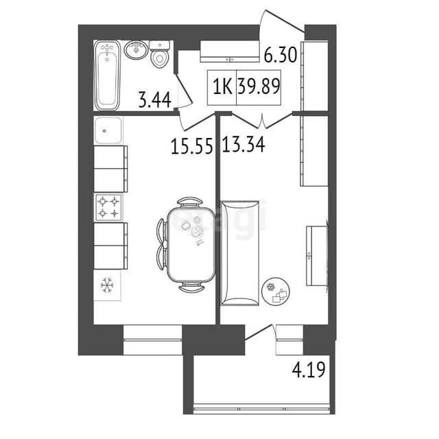 Продаётся 1-комнатная квартира, 39.89 м²