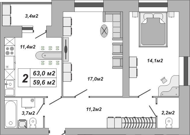 Продаётся 2-комнатная квартира, 63.8 м²