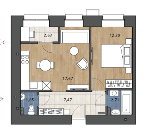 Продаётся 2-комнатная квартира, 42.9 м²