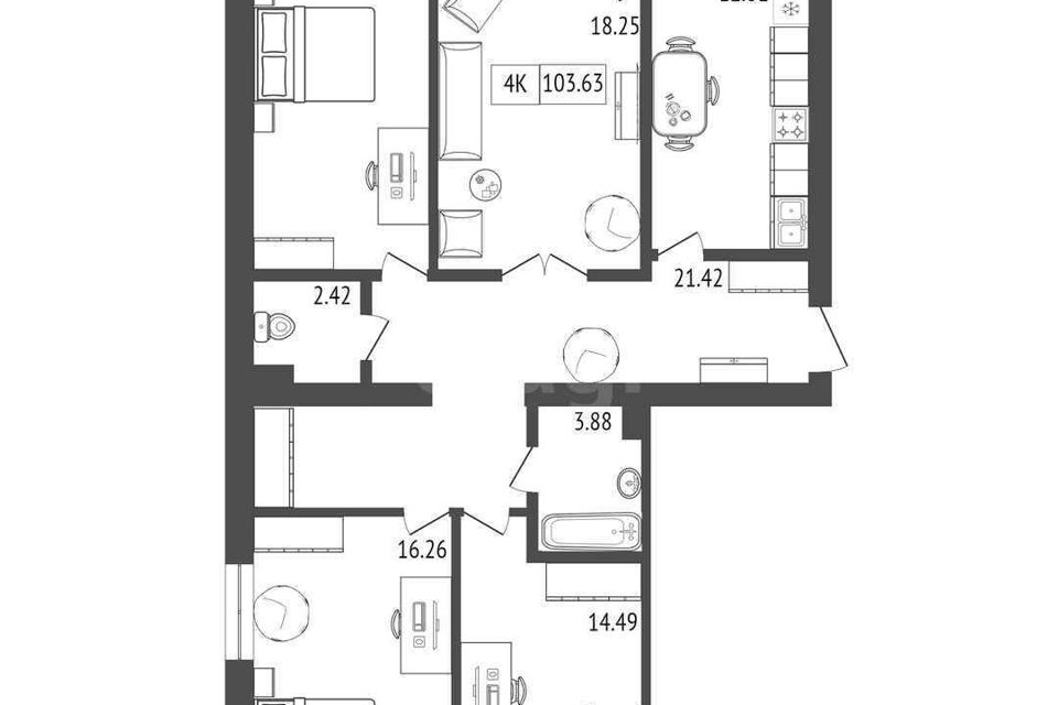 Продаётся 4-комнатная квартира, 105.19 м²