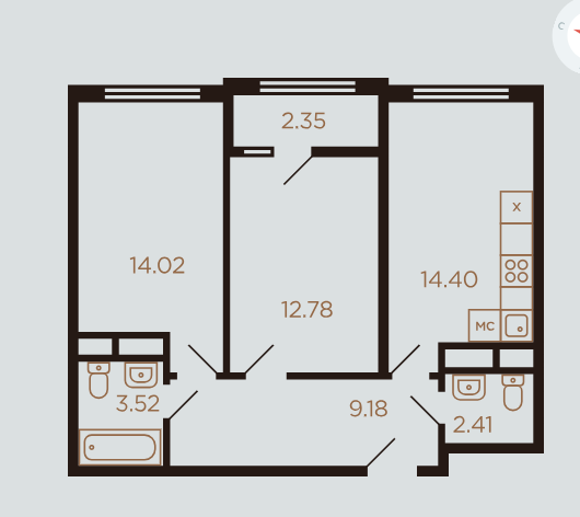 Продаётся 2-комнатная квартира, 58.6 м²