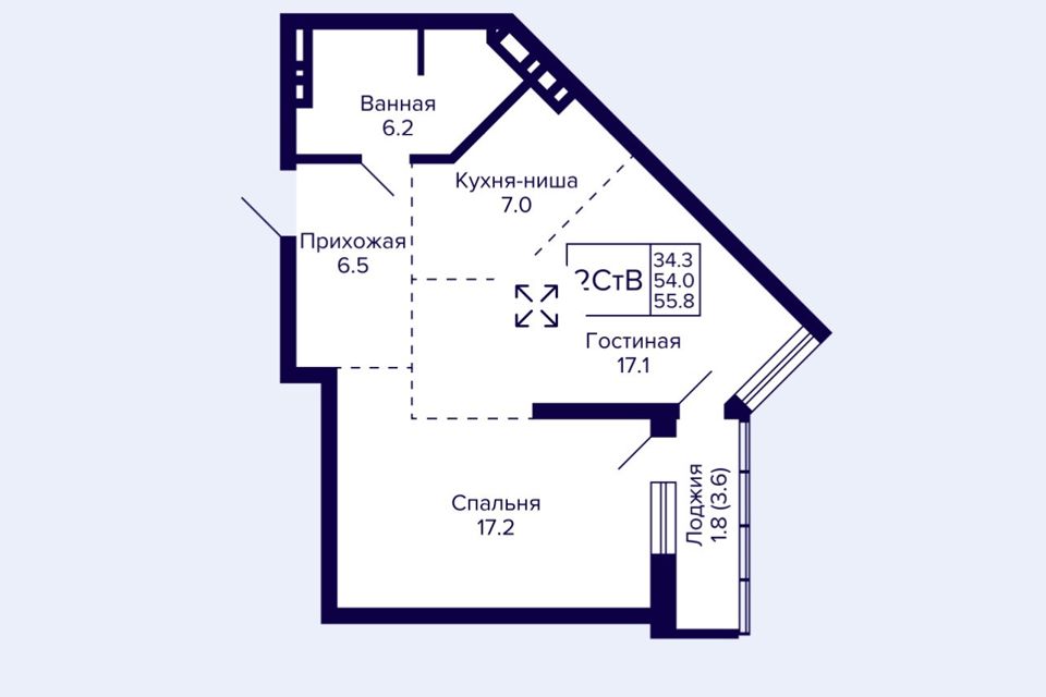 Продаётся 2-комнатная квартира, 54.1 м²