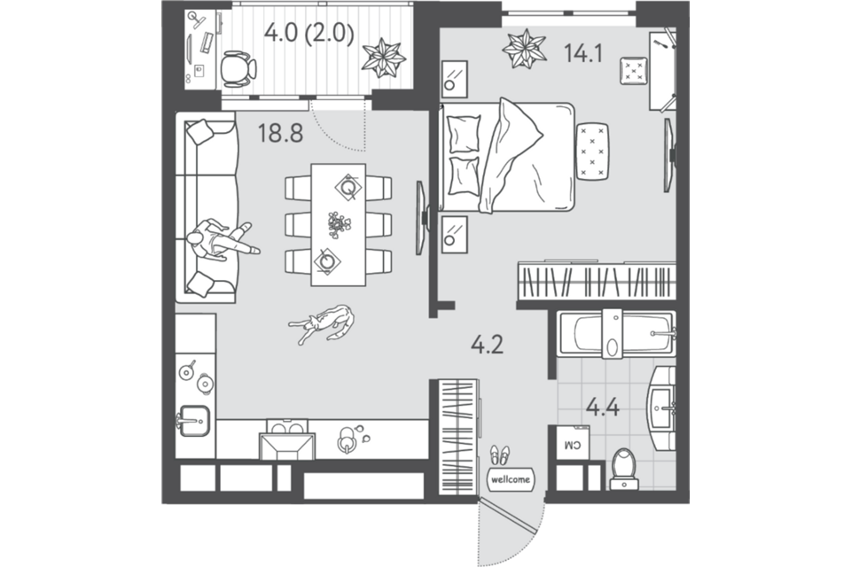 Продаётся 1-комнатная квартира, 43.5 м²