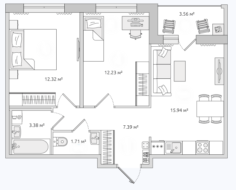 Продаётся 2-комнатная квартира, 51.8 м²