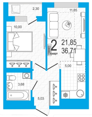 Продаётся 2-комнатная квартира, 36.71 м²