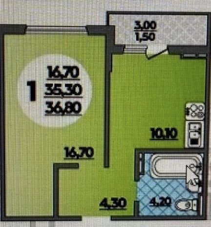 Продаётся 1-комнатная квартира, 39 м²