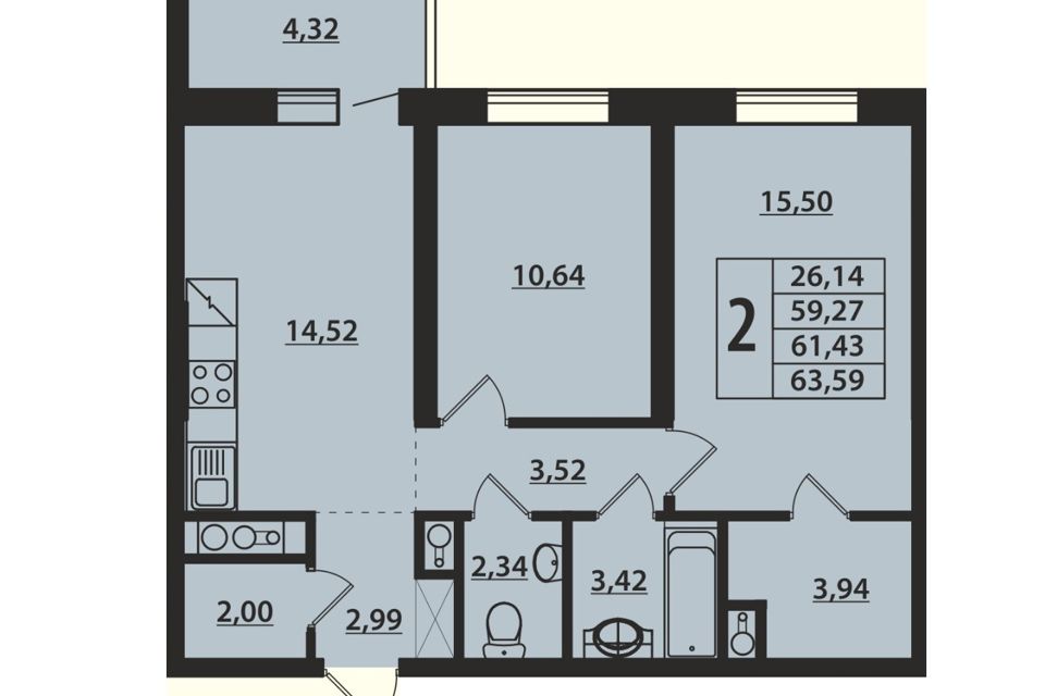 Продаётся 2-комнатная квартира, 61.6 м²