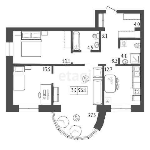 Продаётся 3-комнатная квартира, 96.1 м²