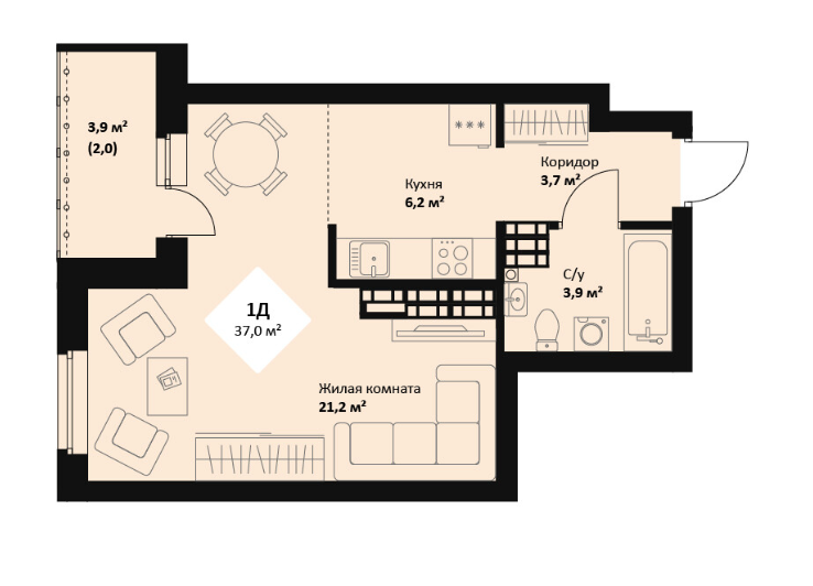 Продаётся студия, 37 м²