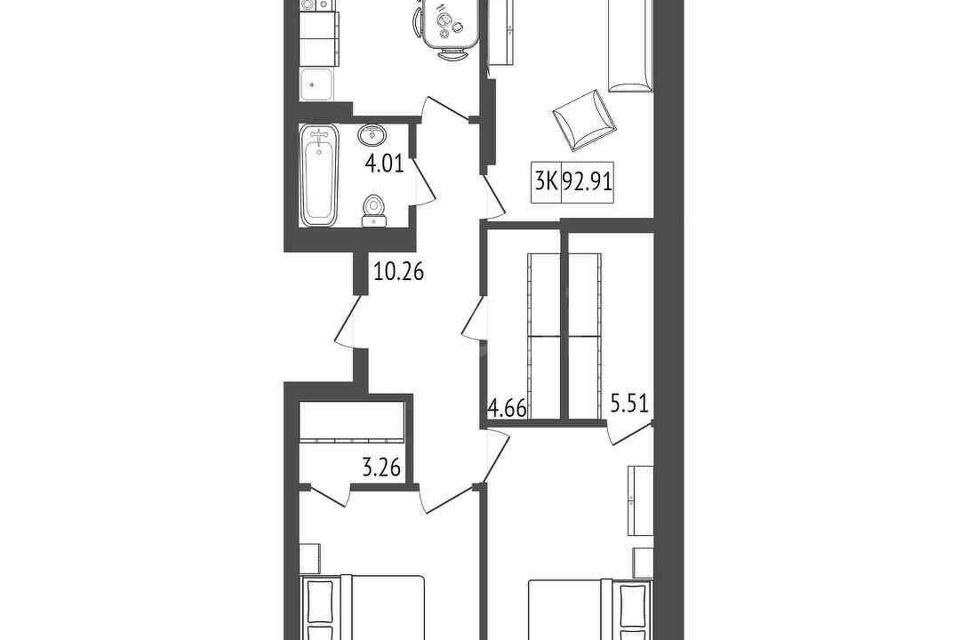 Продаётся 3-комнатная квартира, 93.71 м²