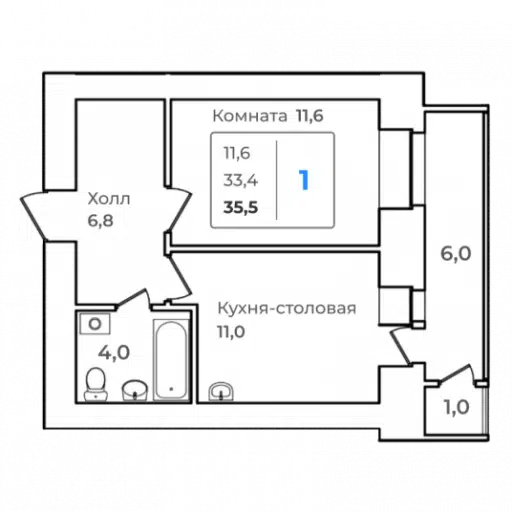 Продаётся 1-комнатная квартира, 35.5 м²