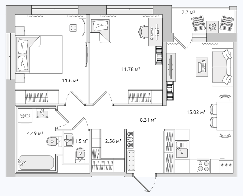 Продаётся 2-комнатная квартира, 55.4 м²