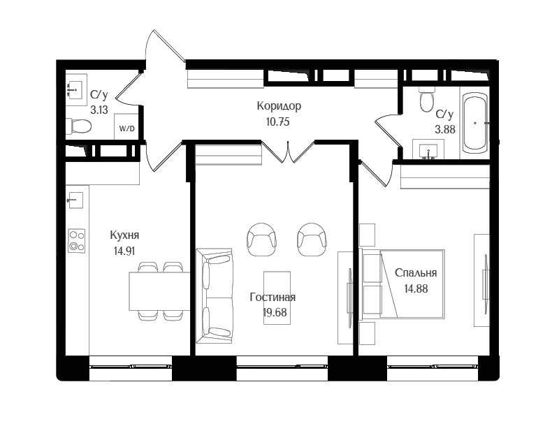 Продаётся 2-комнатная квартира, 67.23 м²