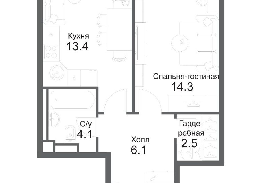 Продаётся 1-комнатная квартира, 40.3 м²